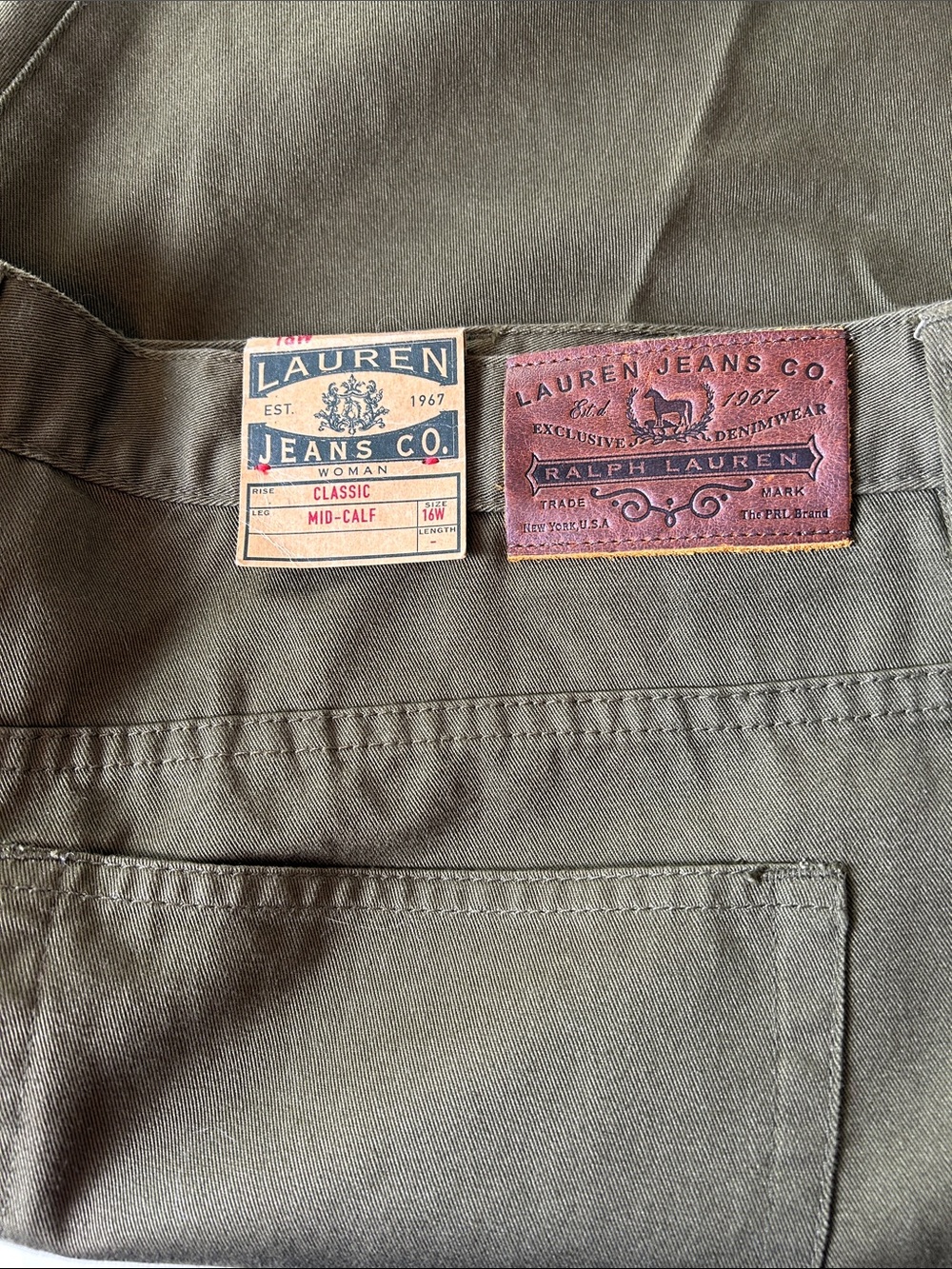 NWT Ralph Lauren Jeans Co. Mid Calf Olive Green Crop Pants Capris Size 16W - Picture 4 of 13